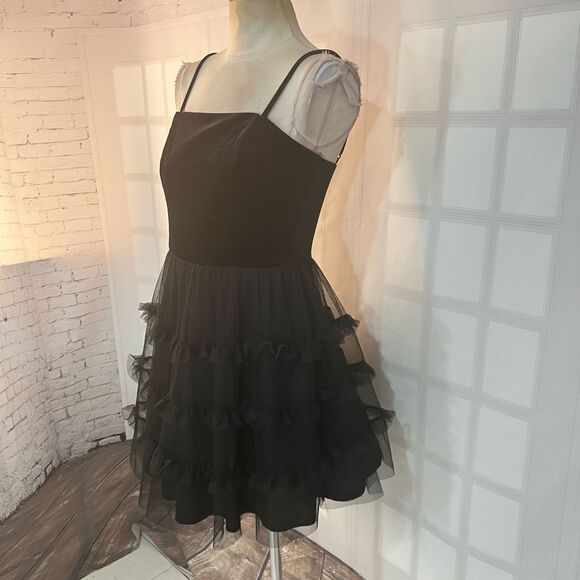 Row A Black Velvet Ruffled Chiffon Skirt Lined Mini Party Dress Size Large - Picture 3 of 10